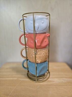 Stackable Owl and Animal Ceramic Mugs - White, Coral, Tan, Blue